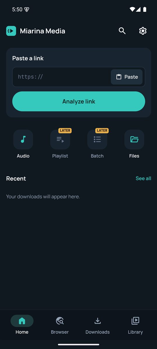 Miarina Media sous Android : écran d'accueil