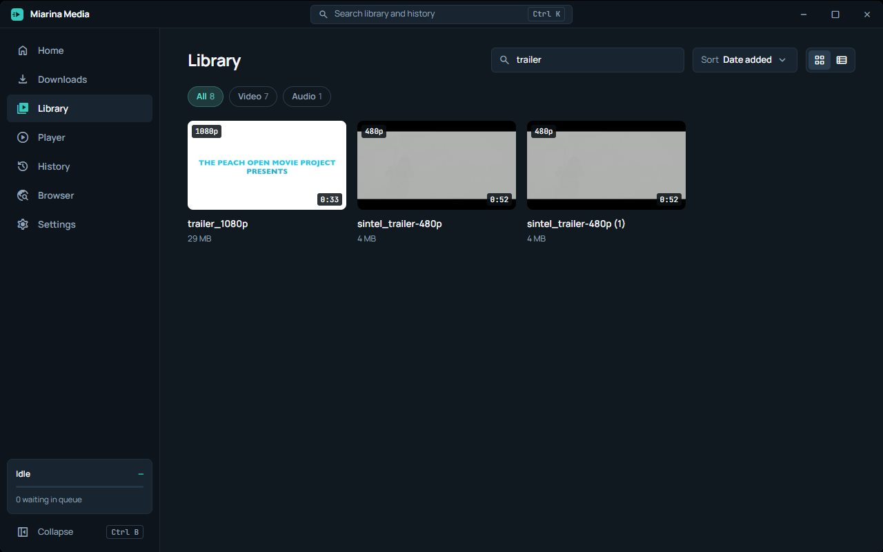 Bibliothèque sous Windows : bandes-annonces sous licence libre avec miniatures, qualité et durée